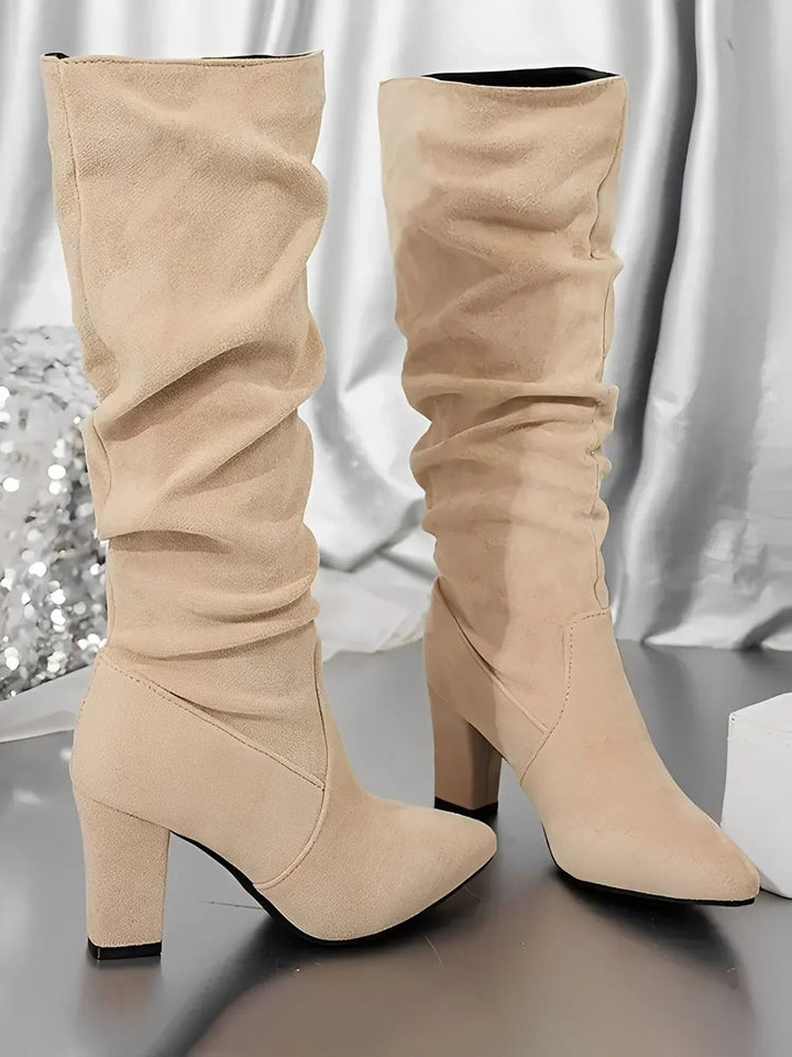 Women's Ruched Knee-High Block-Heel Boots Zip-Up
