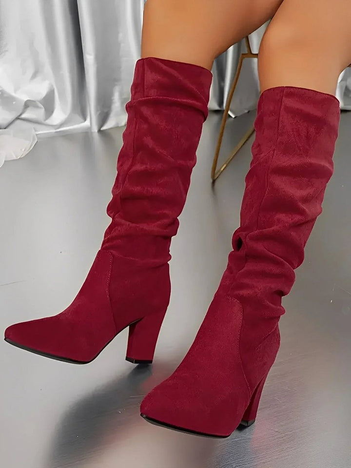 Women's Ruched Knee-High Block-Heel Boots Zip-Up