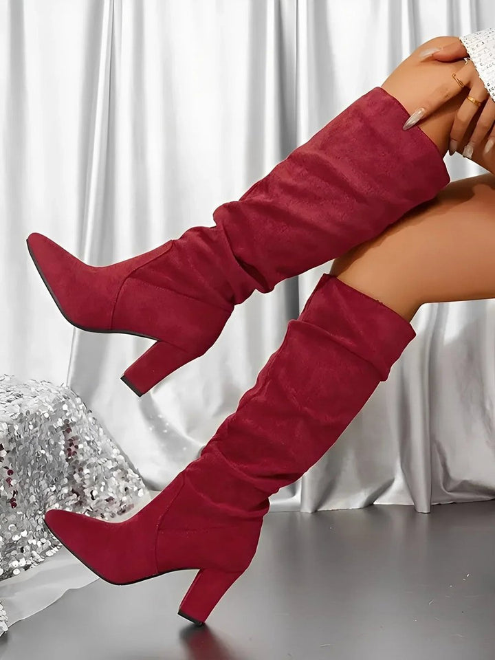 Women's Ruched Knee-High Block-Heel Boots Zip-Up
