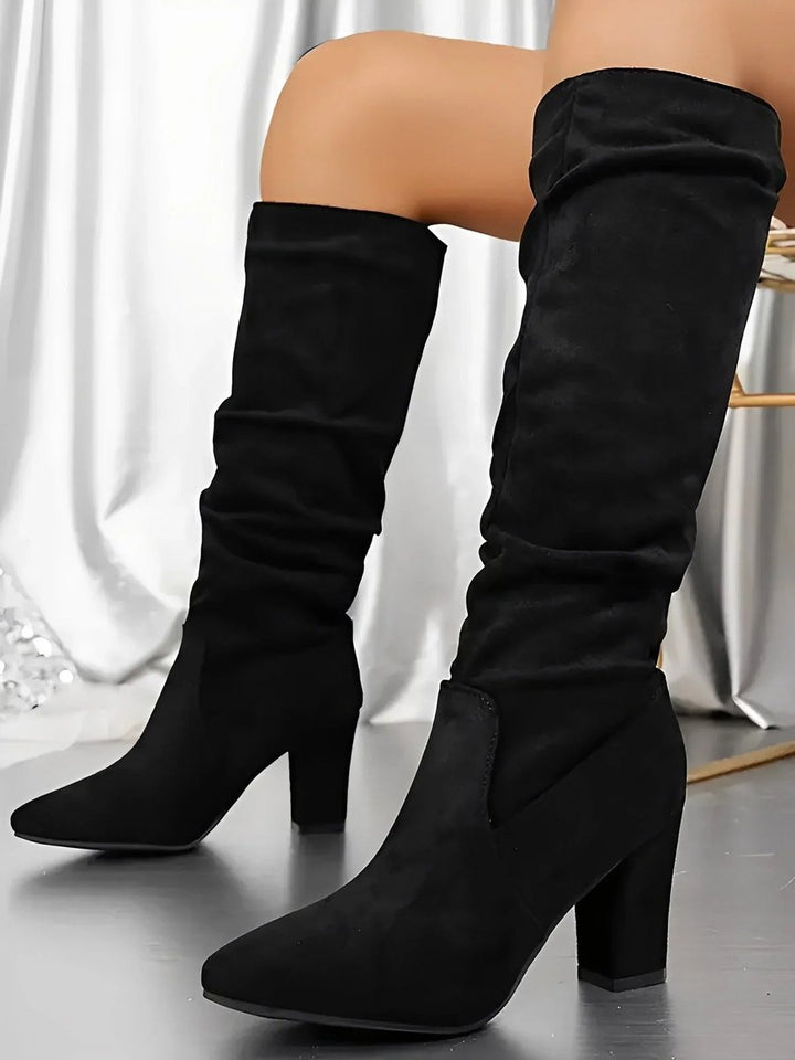 Women's Ruched Knee-High Block-Heel Boots Zip-Up