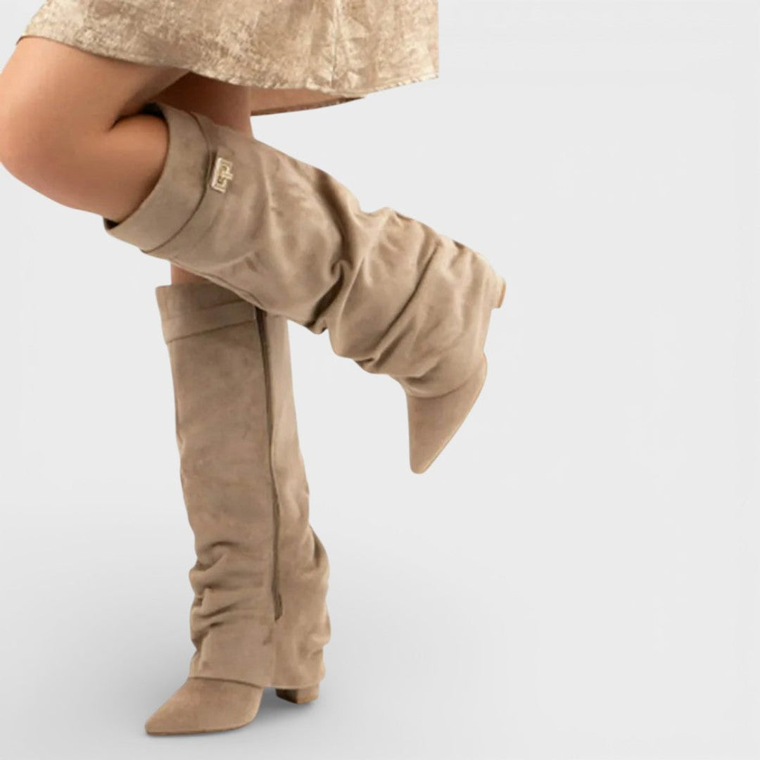 Women's Ruched Knee-High Boots Pointed-Toe Low-Heel Slouch