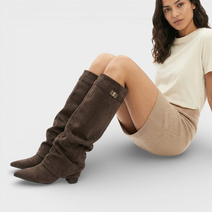 Women's Ruched Knee-High Boots Pointed-Toe Low-Heel Slouch