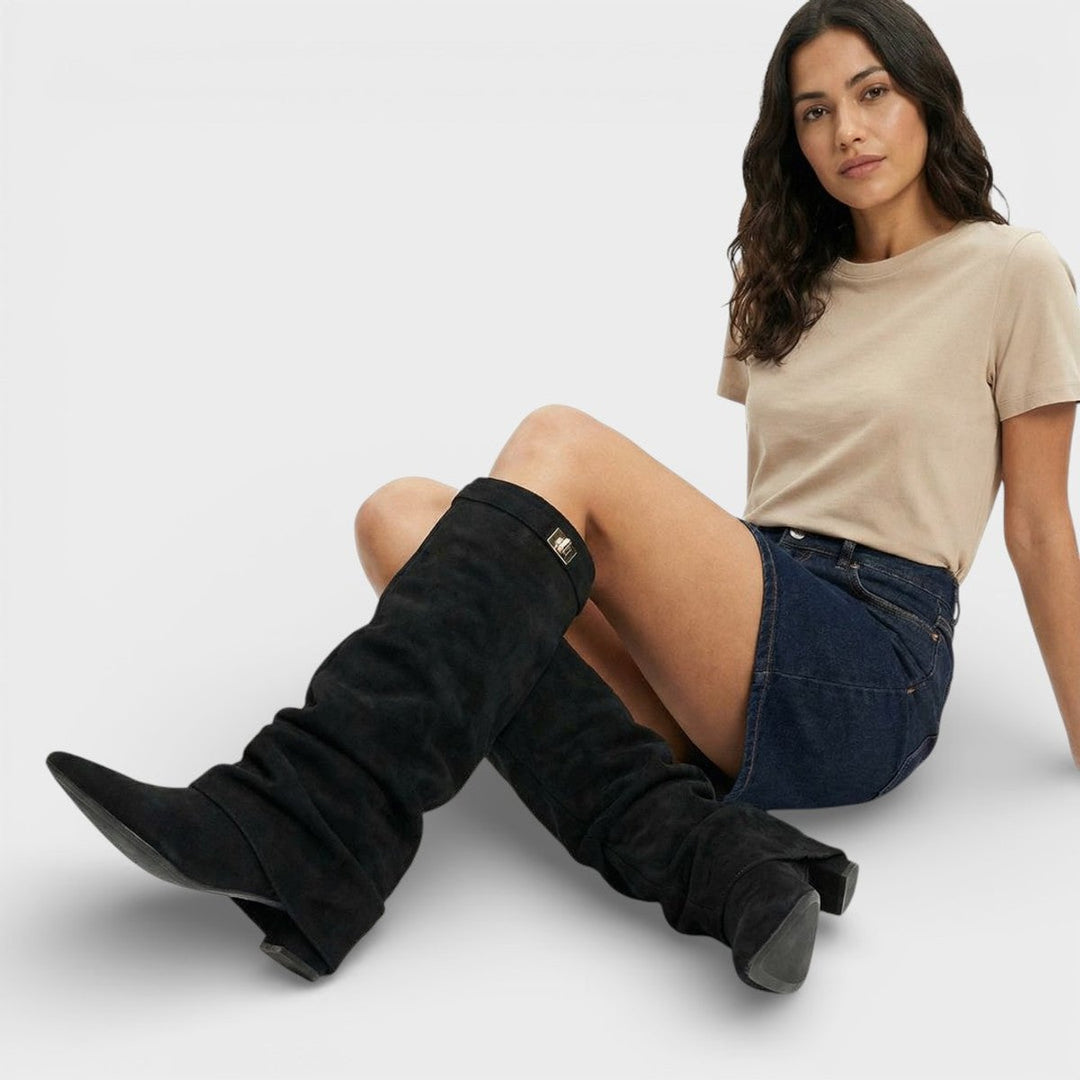 Women's Ruched Knee-High Boots Pointed-Toe Low-Heel Slouch