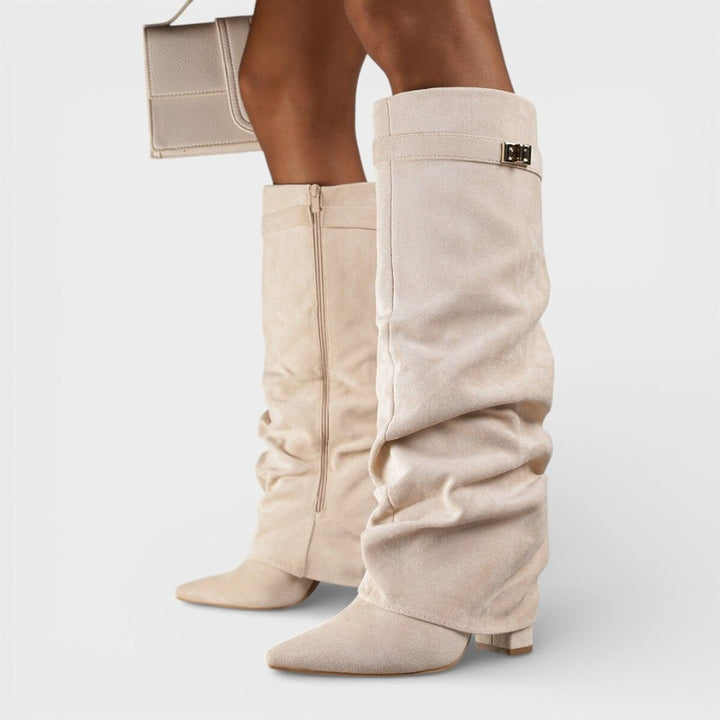 Women's Ruched Knee-High Boots Pointed-Toe Low-Heel Slouch