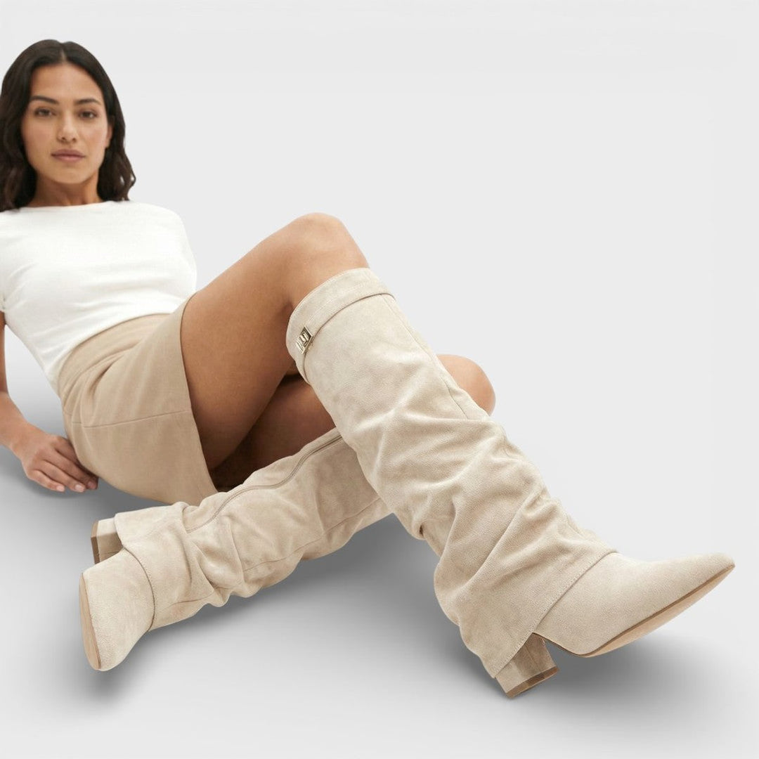 Women's Ruched Knee-High Boots Pointed-Toe Low-Heel Slouch