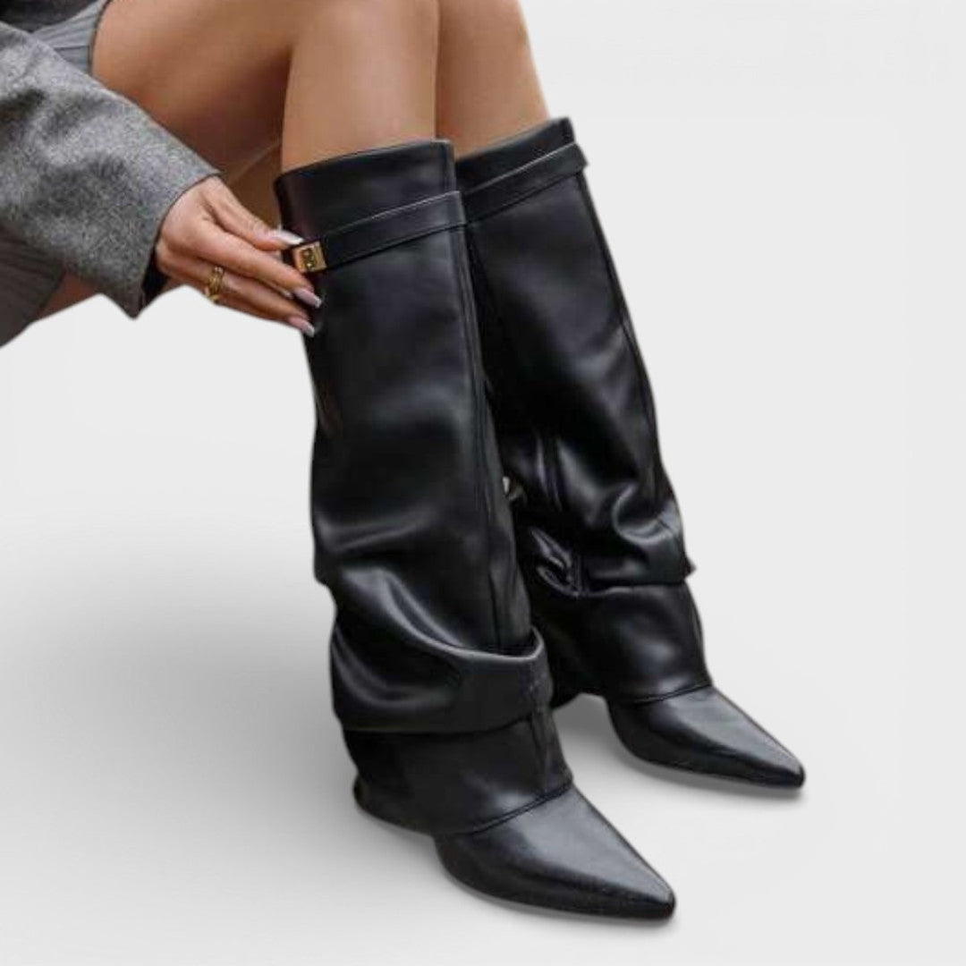 Women's Ruched Knee-High Boots Pointed-Toe Low-Heel Slouch