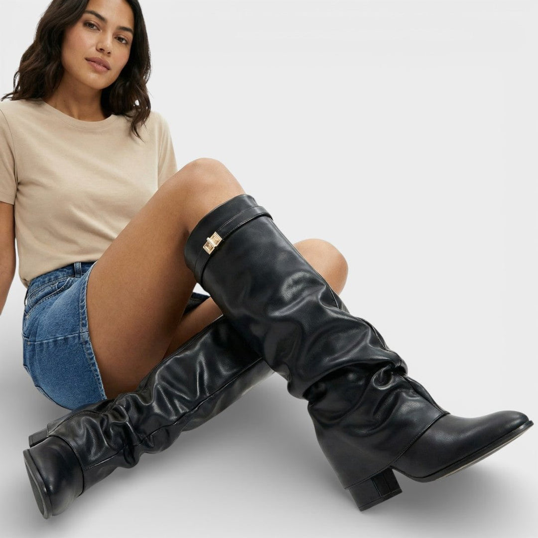 Women's Ruched Knee-High Boots Pointed-Toe Low-Heel Slouch