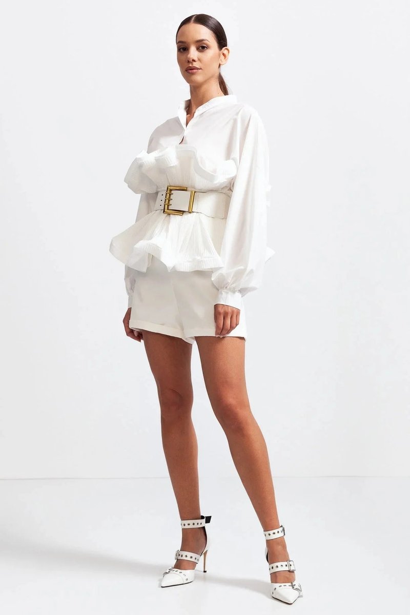 Women's Ruffle Long-Sleeve Blouse Voluminous Puff Sleeve Top