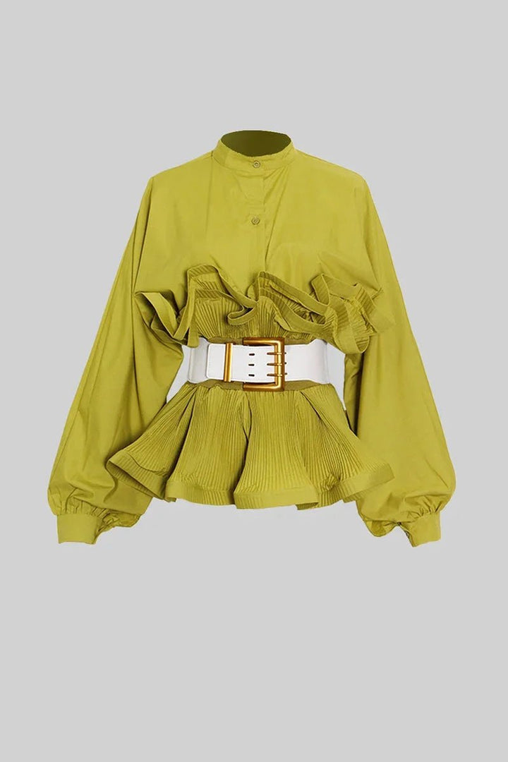 Women's Ruffle Long-Sleeve Blouse Voluminous Puff Sleeve Top