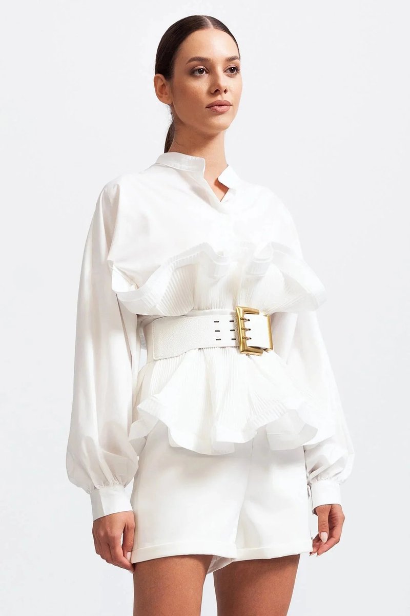 Women's Ruffle Long-Sleeve Blouse Voluminous Puff Sleeve Top