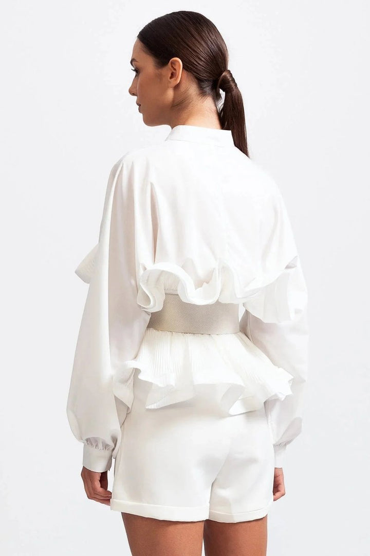 Women's Ruffle Long-Sleeve Blouse Voluminous Puff Sleeve Top