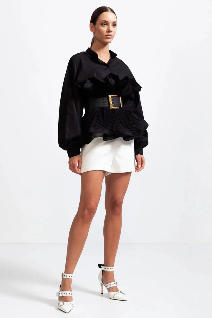 Women's Ruffle Long-Sleeve Blouse Voluminous Puff Sleeve Top