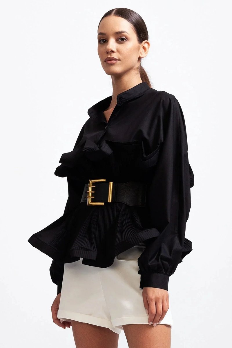 Women's Ruffle Long-Sleeve Blouse Voluminous Puff Sleeve Top