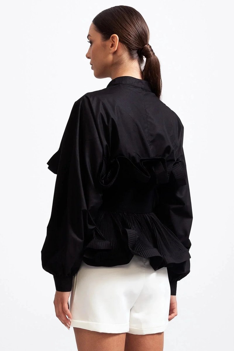 Women's Ruffle Long-Sleeve Blouse Voluminous Puff Sleeve Top