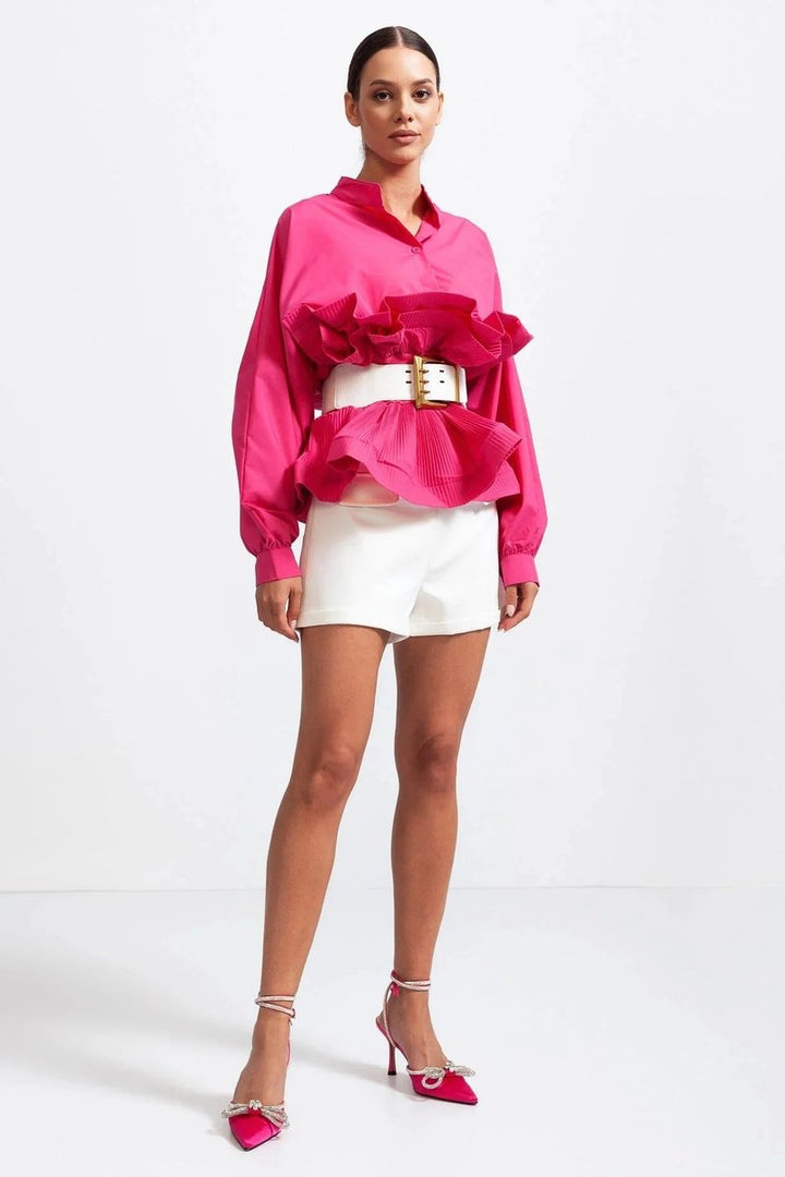 Women's Ruffle Long-Sleeve Blouse Voluminous Puff Sleeve Top