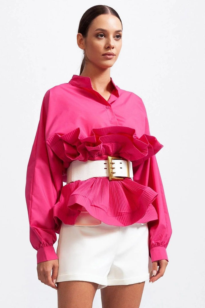 Women's Ruffle Long-Sleeve Blouse Voluminous Puff Sleeve Top