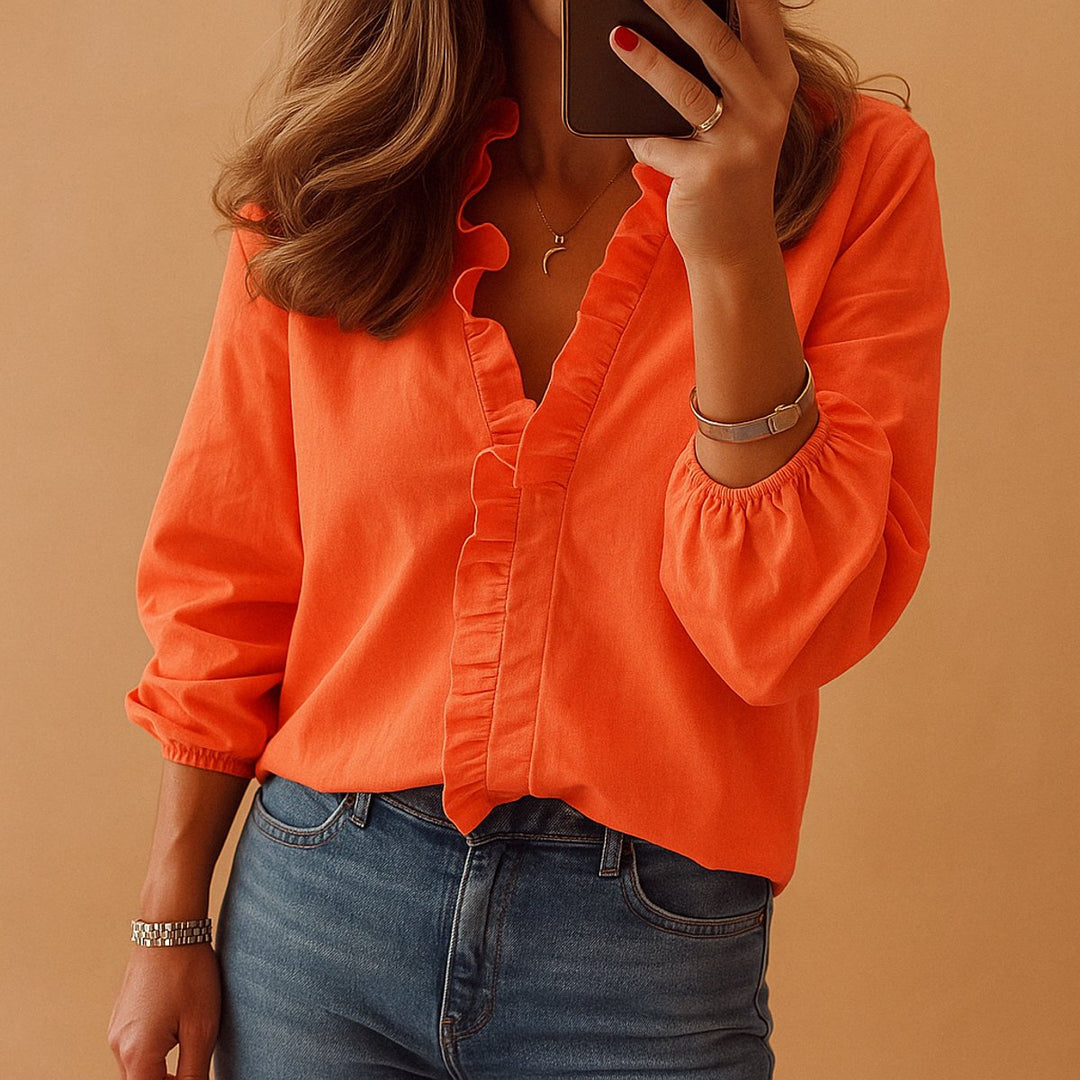 Women's Ruffle V-Neck Long-Sleeve Blouse Elasticated Cuffs
