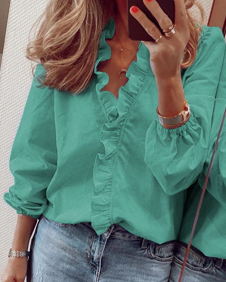Women's Ruffle V-Neck Long-Sleeve Blouse Gathered Puff Sleeves