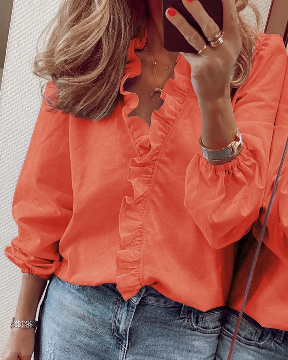 Women's Ruffle V-Neck Long-Sleeve Blouse Gathered Puff Sleeves