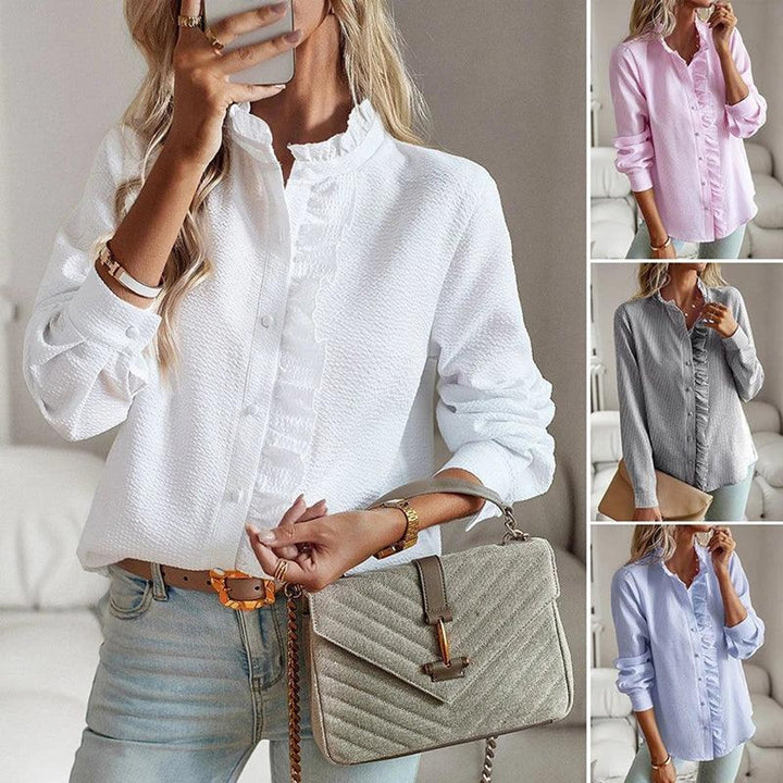 Women's Ruffled Long-Sleeve Blouse Lightweight Button-Up Top