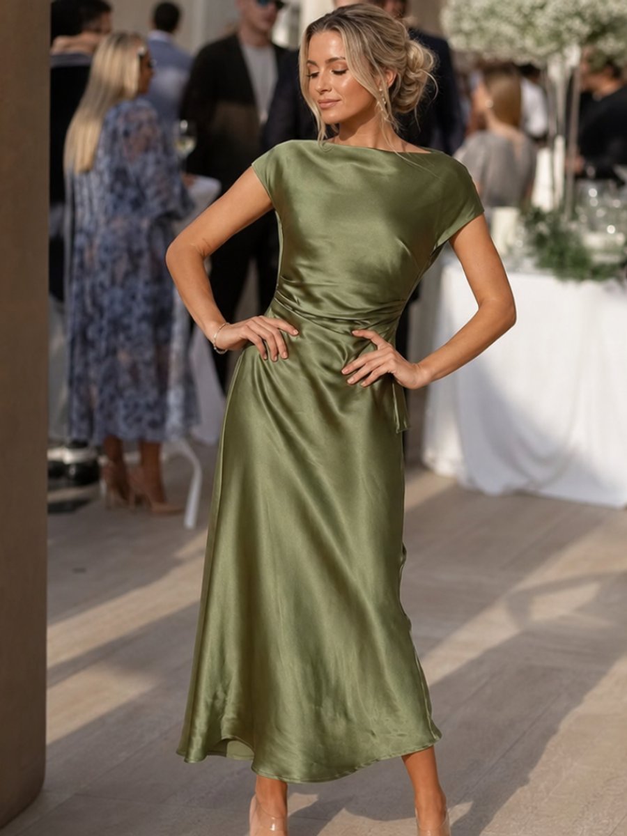Women's Satin Cap Sleeve Boat Neck Midi Party Dress