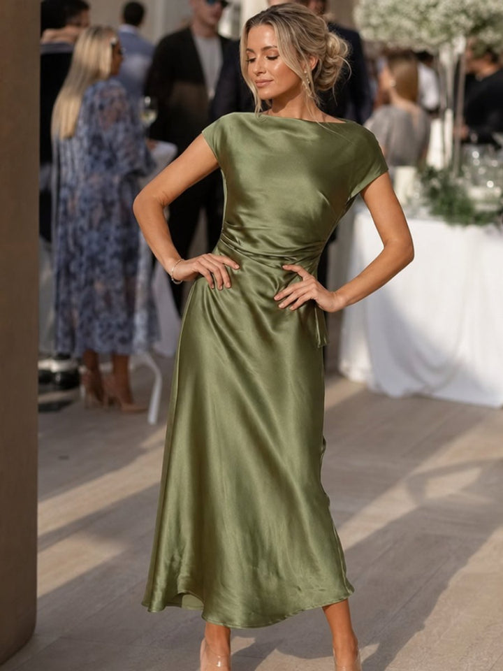 Women's Satin Cap Sleeve Boat Neck Midi Party Dress