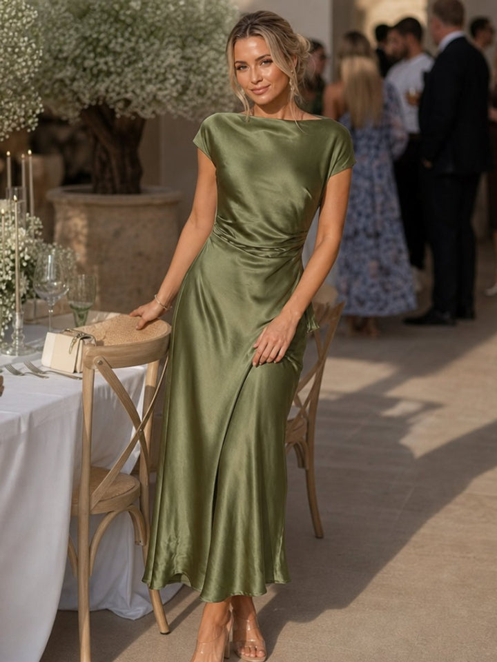 Women's Satin Cap Sleeve Boat Neck Midi Party Dress