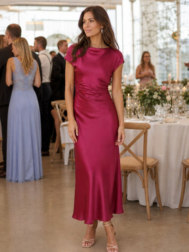 Women's Satin Cap Sleeve Boat Neck Midi Party Dress