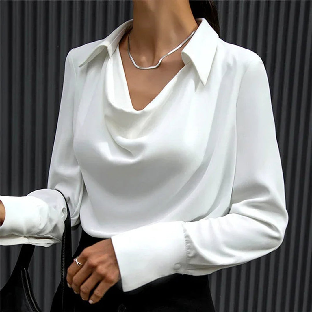 Women's Satin Draped-Collar Long-Sleeve Blouse
