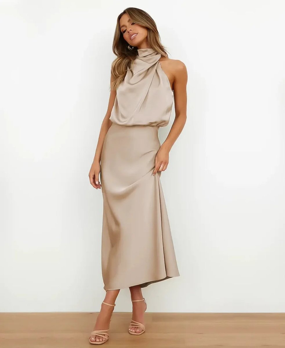 Women's Satin Halter-Neck Draped Midi Party Dress Fitted Waist