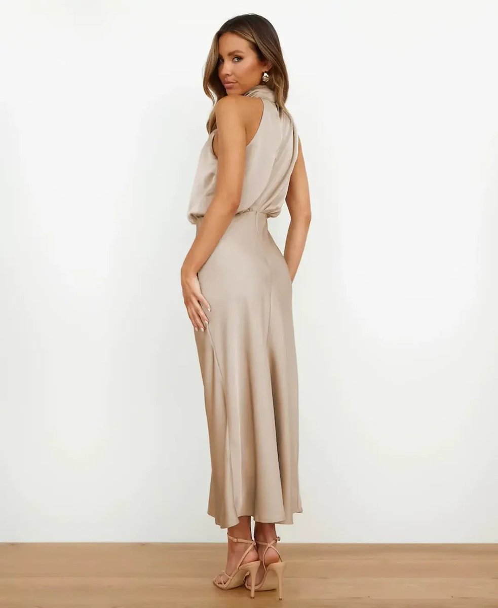 Women's Satin Halter-Neck Draped Midi Party Dress Fitted Waist