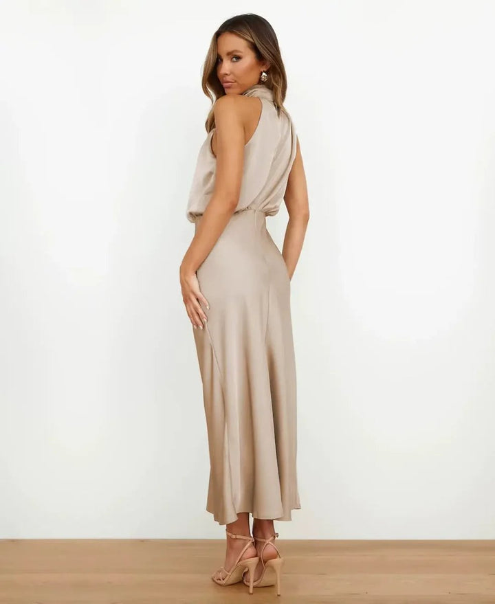 Women's Satin Halter-Neck Draped Midi Party Dress Fitted Waist
