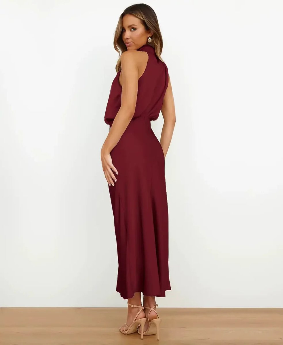 Women's Satin Halter-Neck Draped Midi Party Dress Fitted Waist