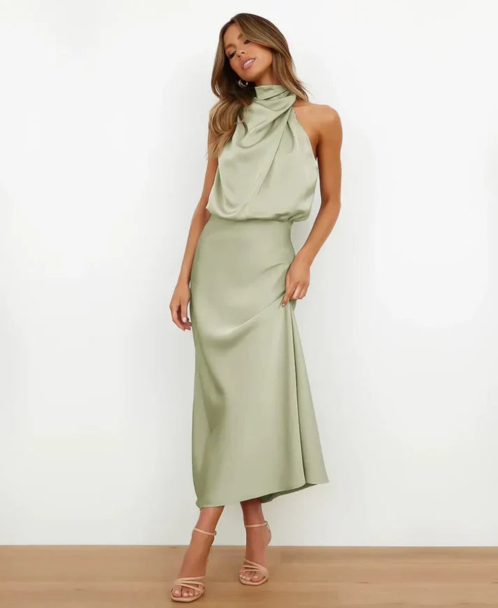 Women's Satin Halter-Neck Draped Midi Party Dress Fitted Waist