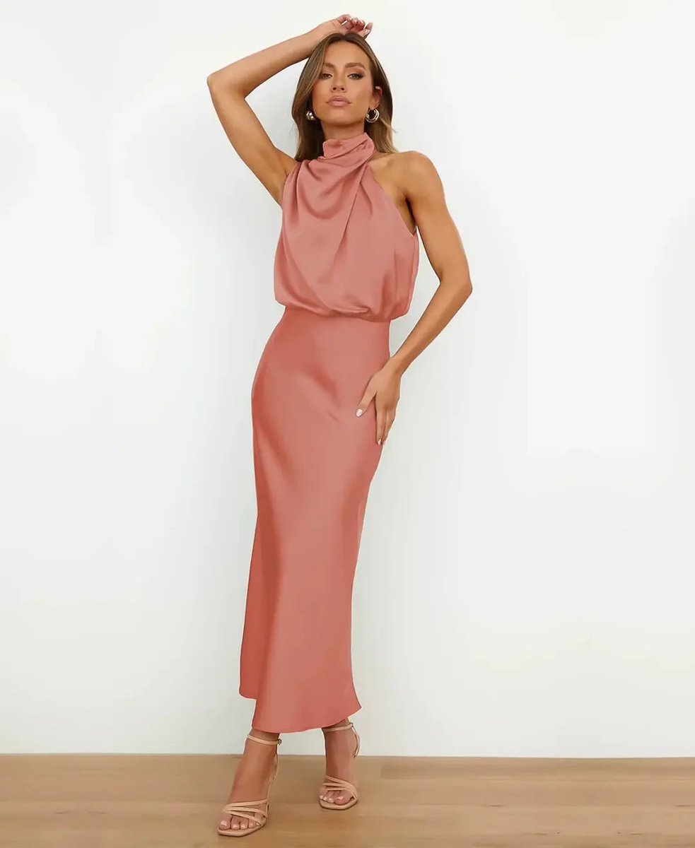 Women's Satin Halter-Neck Draped Midi Party Dress Fitted Waist