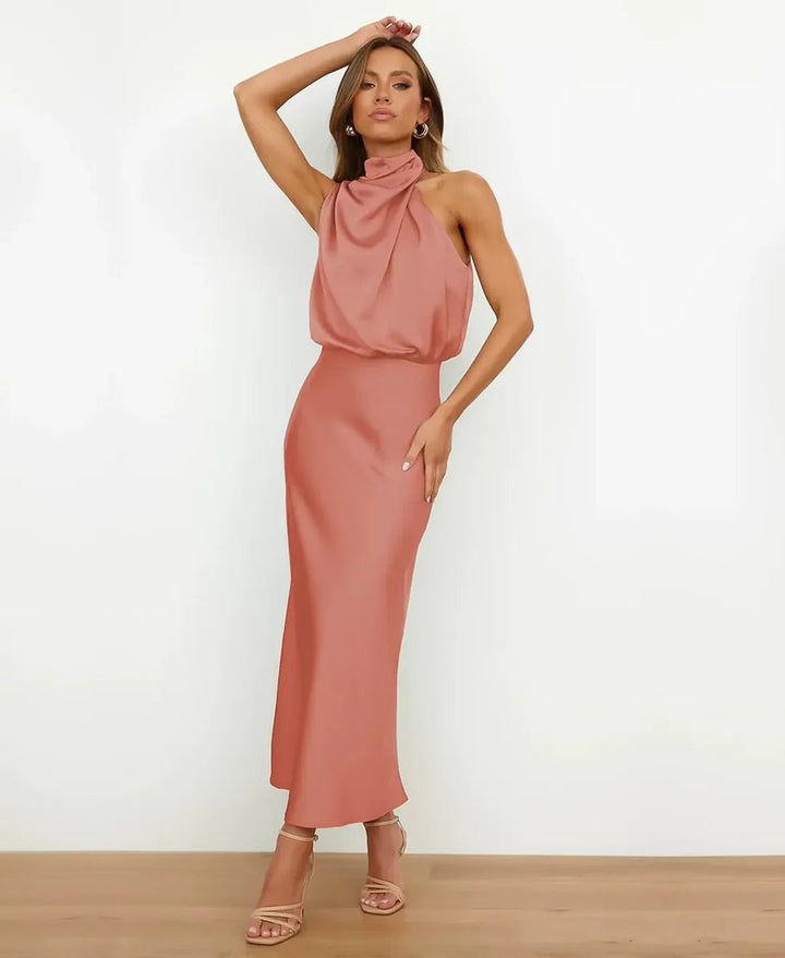 Women's Satin Halter-Neck Draped Midi Party Dress Fitted Waist