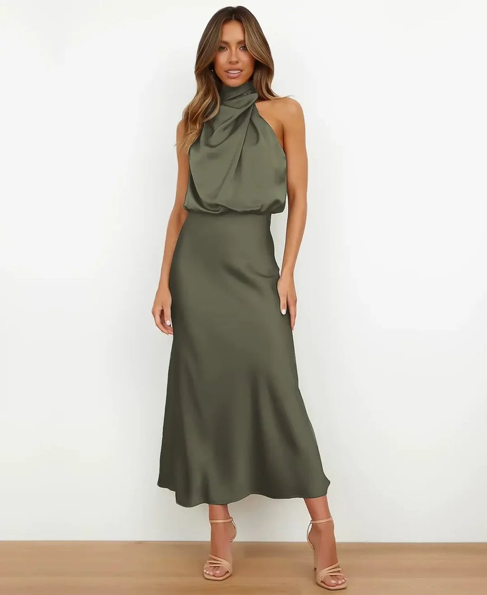 Women's Satin Halter-Neck Draped Midi Party Dress Fitted Waist