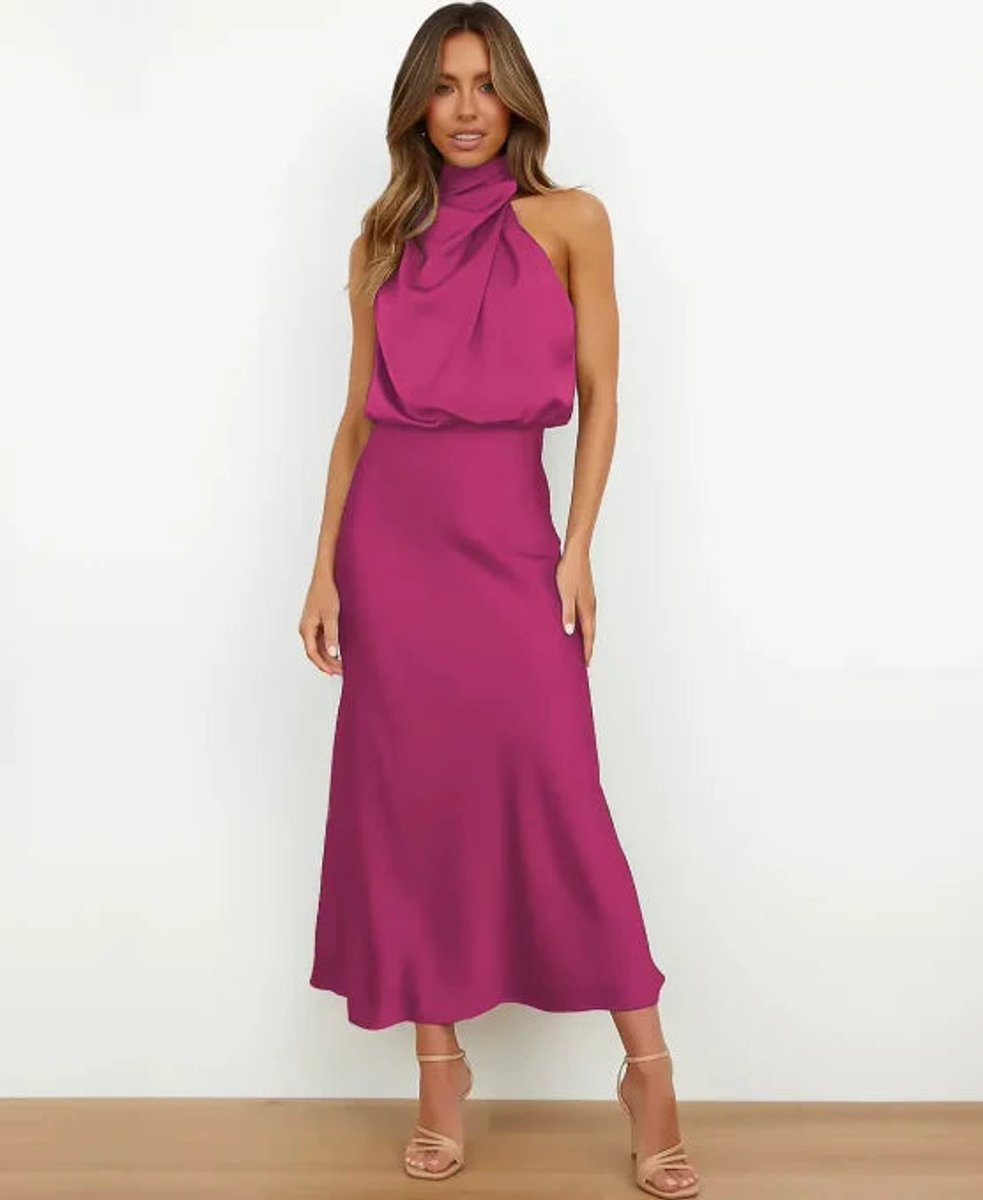 Women's Satin Halter-Neck Draped Midi Party Dress Fitted Waist