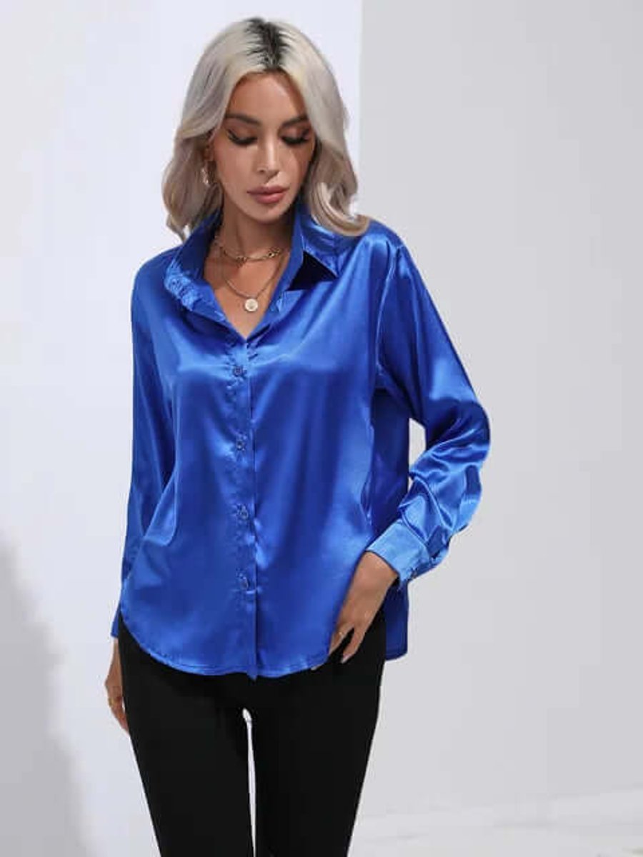 Women's Satin Long-Sleeve Blouse Button-Up Elegant Top