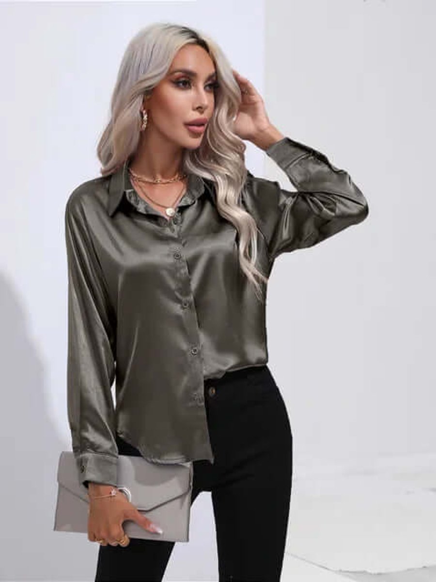 Women's Satin Long-Sleeve Blouse Button-Up Elegant Top