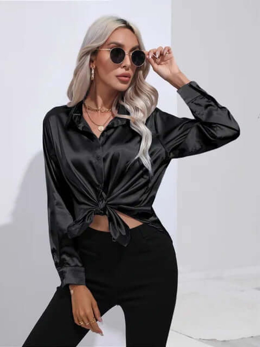 Women's Satin Long-Sleeve Blouse Button-Up Elegant Top