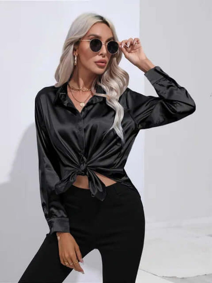 Women's Satin Long-Sleeve Blouse Button-Up Elegant Top
