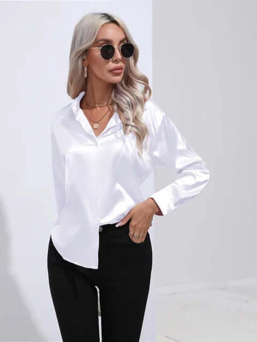 Women's Satin Long-Sleeve Blouse Button-Up Elegant Top
