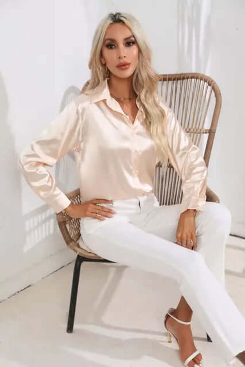 Women's Satin Long-Sleeve Blouse Button-Up Elegant Top