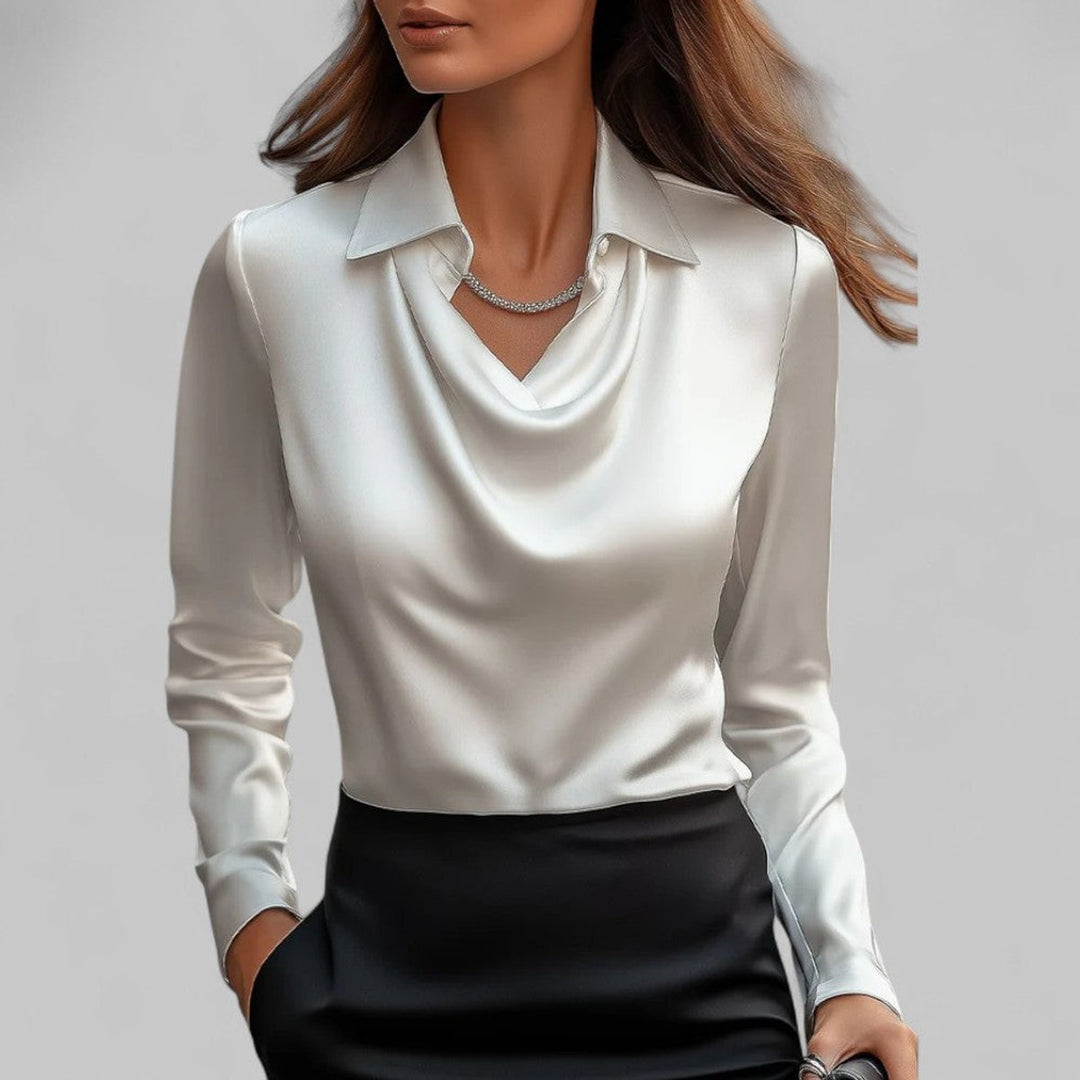 Women's Satin Long-Sleeve Blouse Draped Cowl Collar