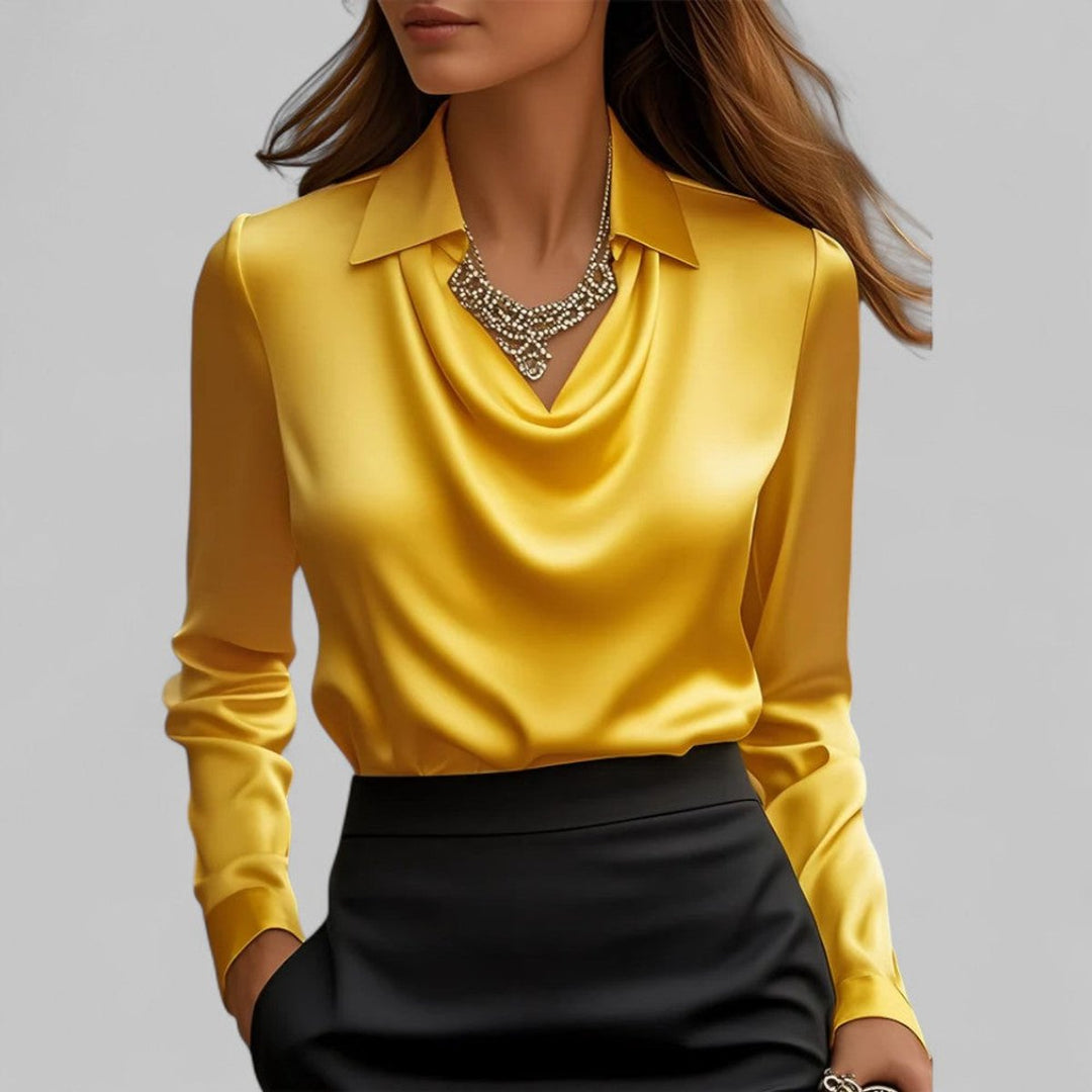 Women's Satin Long-Sleeve Blouse Draped Cowl Collar