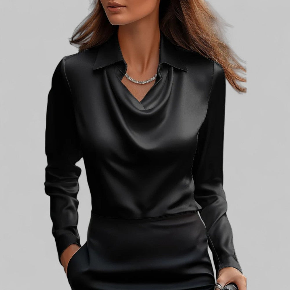 Women's Satin Long-Sleeve Blouse Draped Cowl Collar