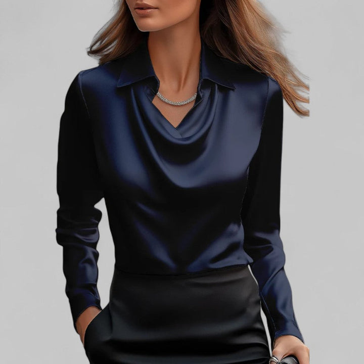 Women's Satin Long-Sleeve Blouse Draped Cowl Collar
