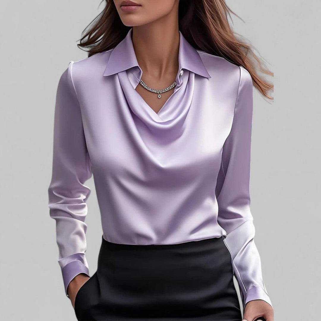 Women's Satin Long-Sleeve Blouse Draped Cowl Collar