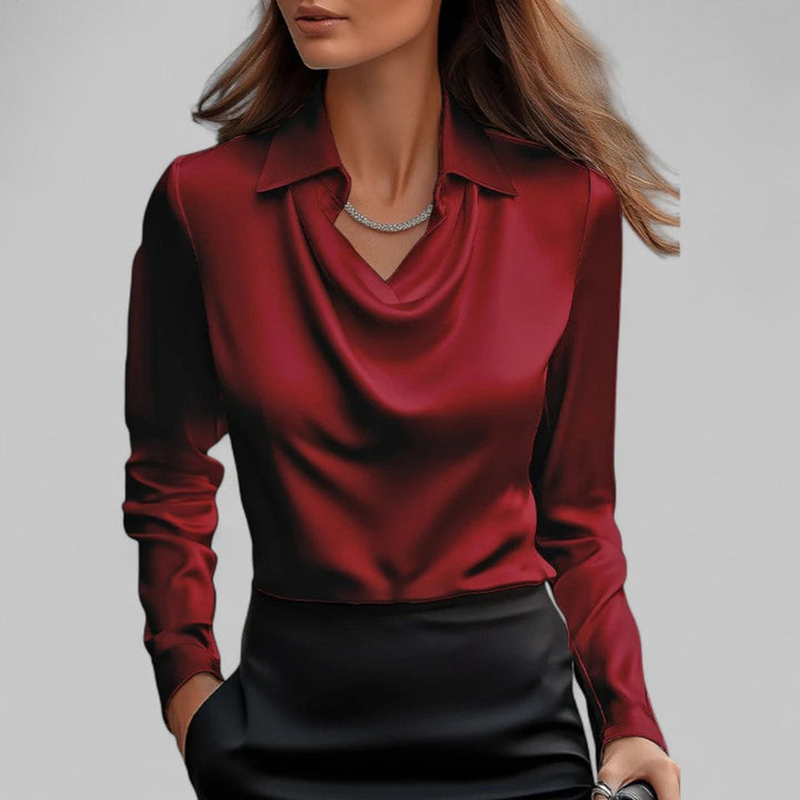 Women's Satin Long-Sleeve Blouse Draped Cowl Collar